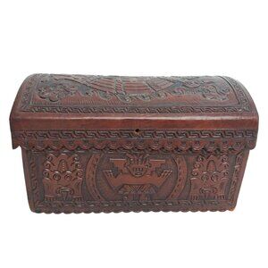 Handmade Peruvian Leather Tooled Wooden Trinket Box Hinged Lid Intricate Pattern